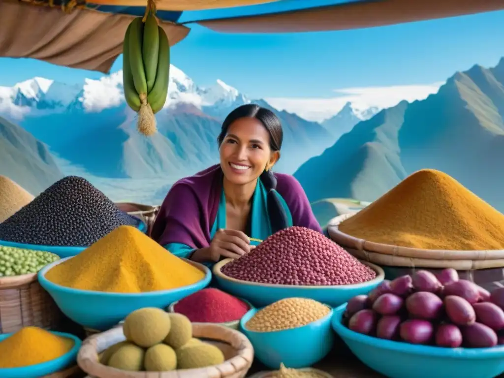 Mercado peruano vibrante con superalimentos exóticos y majestuosos Andes de fondo