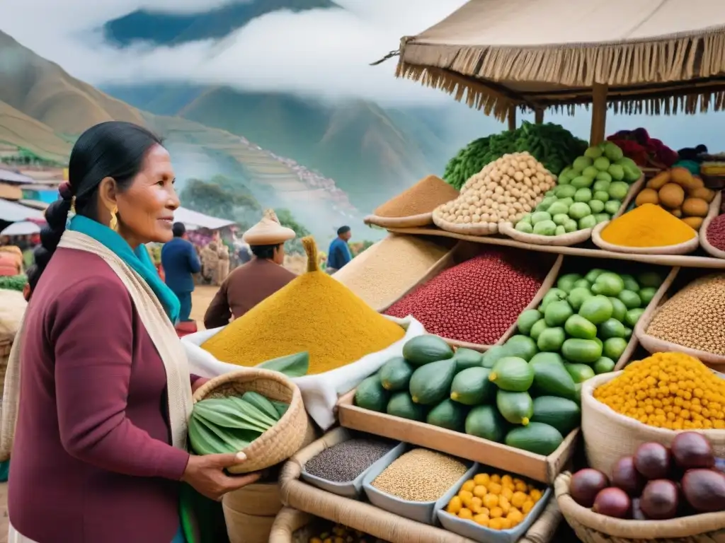 Mercado peruano vibrante con superfoods, tejidos andinos y comunidad unida