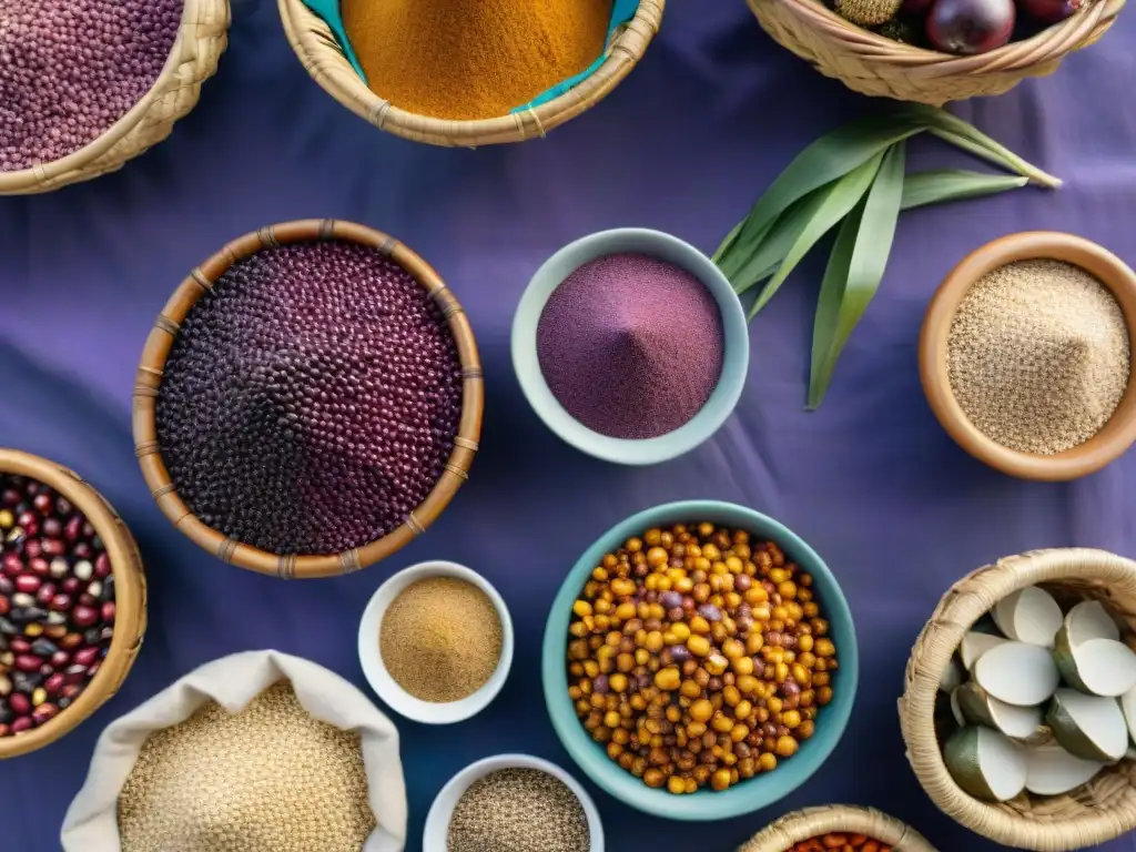 Mercado peruano: superalimentos exóticos y color local Un mercado peruano vibrante muestra superfoods en cestas tejidas