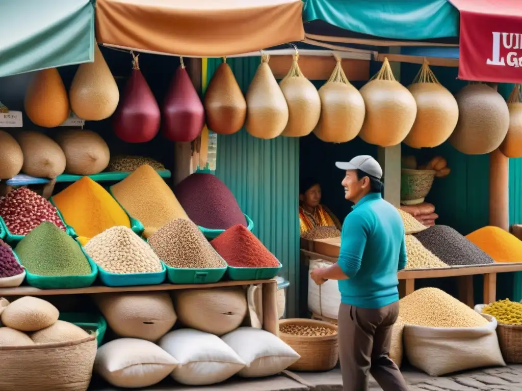 Un mercado peruano vibrante con supergranos coloridos como quinua, amaranto y chía