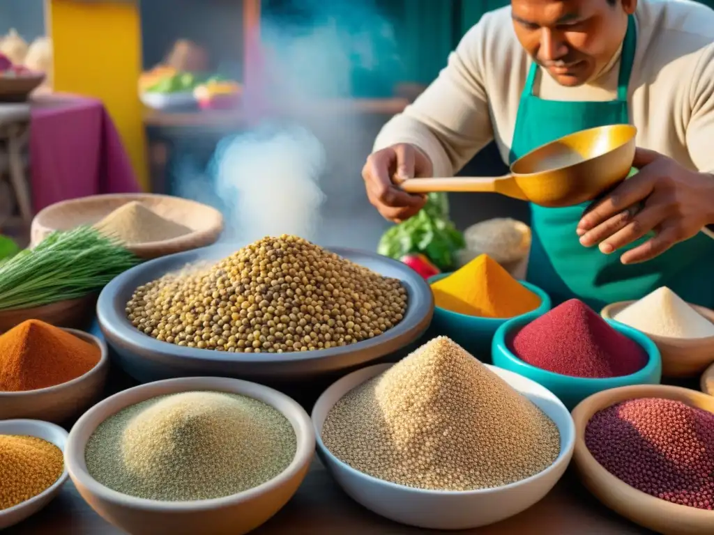 Un mercado peruano vibrante con supergranos nativos y un chef preparando plato tradicional