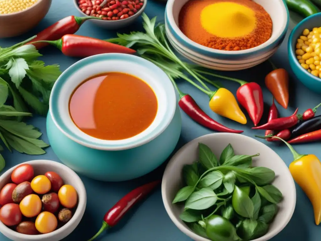 Mercado peruano: sabores vibrantes y tradición culinaria Mercado peruano vibrante con variedad de ajíes y chef preparando plato tradicional