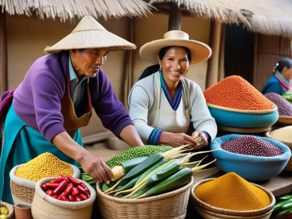 Mercado peruano con vibrantes ingredientes autóctonos: maíz morado, lúcuma, quinua y ají