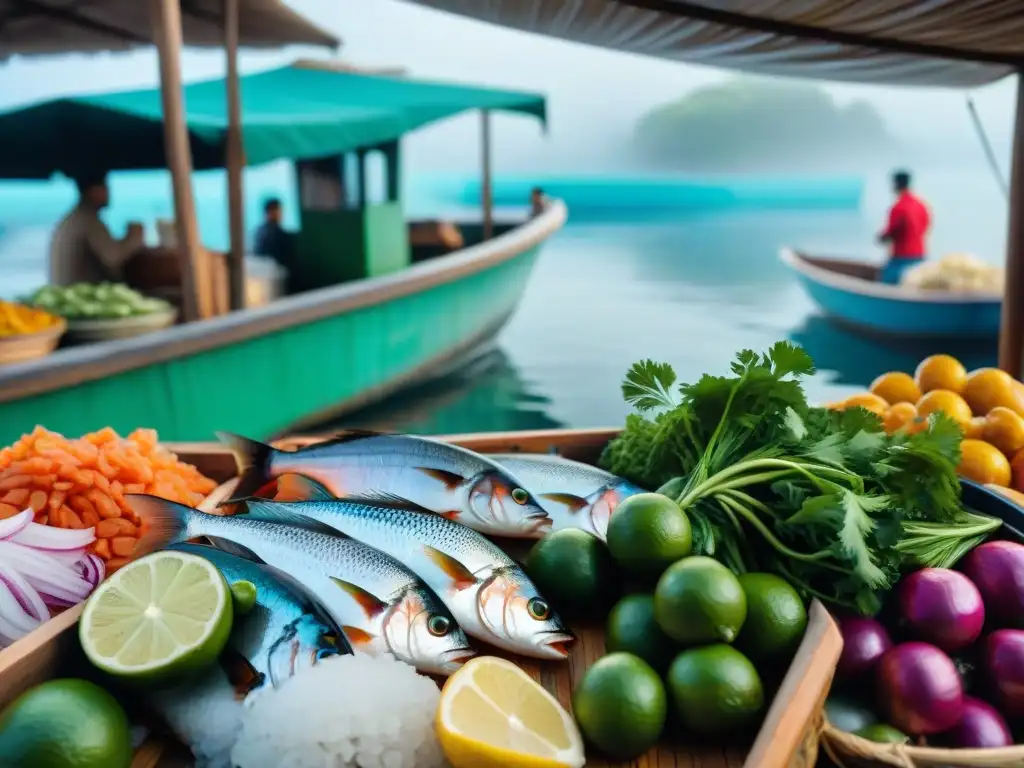 Un mercado de pescado bullicioso con ingredientes autóctonos para ceviche sostenible, frente a un bote pesquero en aguas cristalinas