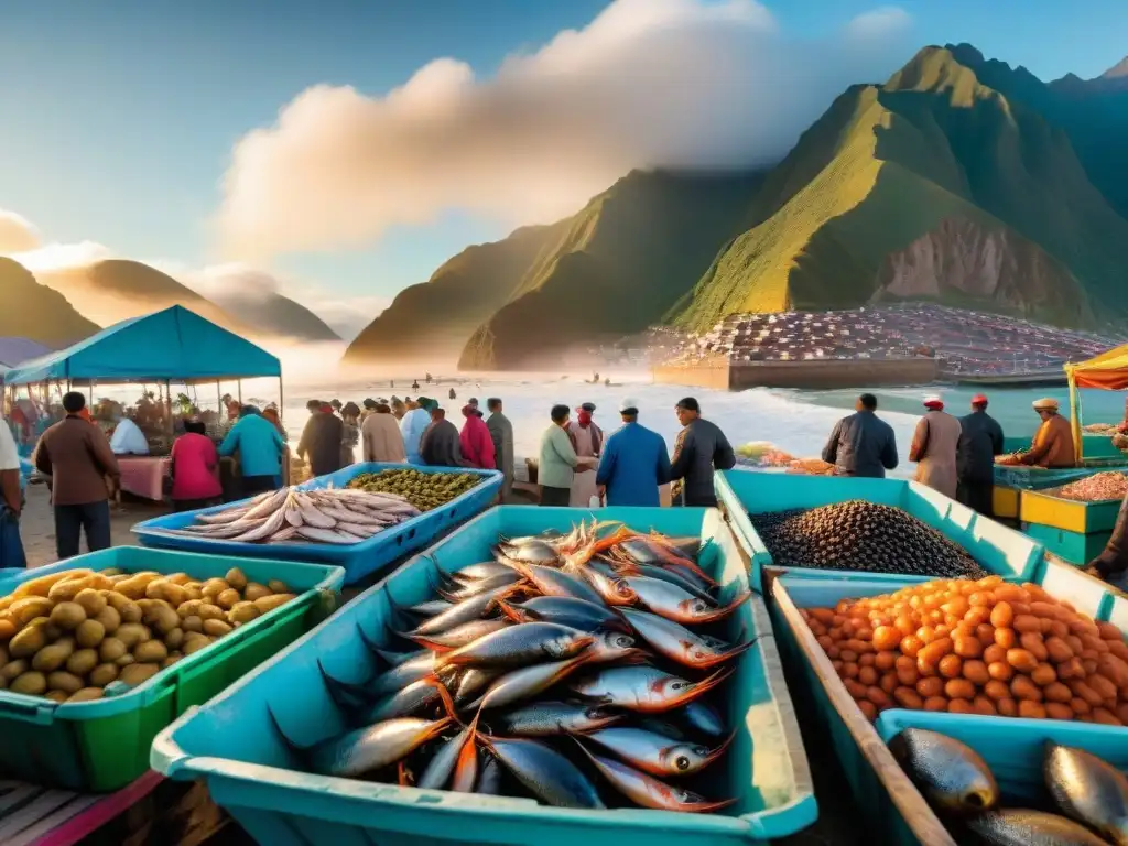 Un mercado de pescado peruano bullicioso al amanecer, lleno de mariscos frescos y pescados brillantes, reflejando la cultura culinaria costera de Perú