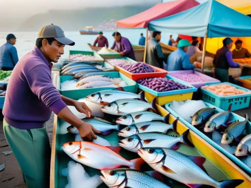 Un mercado de pescado peruano bullicioso al amanecer, con vendedores mostrando mariscos frescos y clientes curiosos