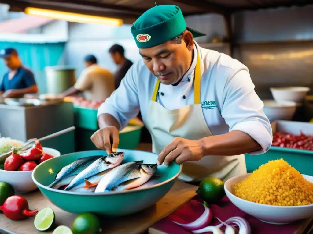 Un mercado de pescado peruano bullicioso al amanecer, pescadores descargan su pesca—pescado plateado brilla, chef prepara ceviche