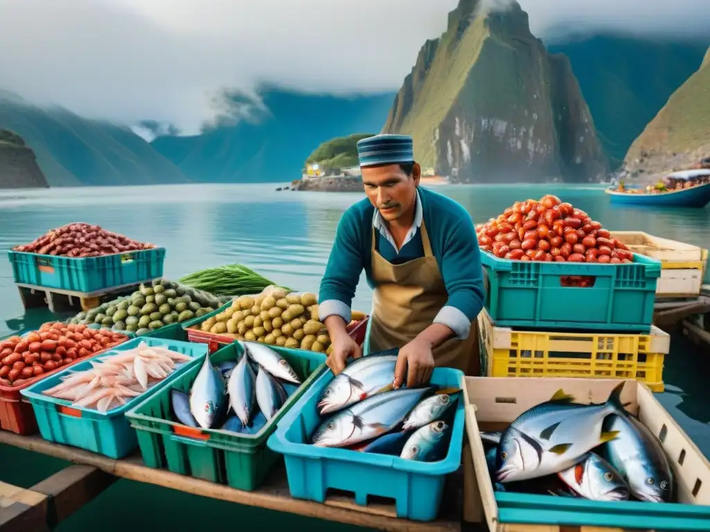 Vivid mercado de pescado peruano al amanecer, con Gastronomía peruana ingredientes autóctonos