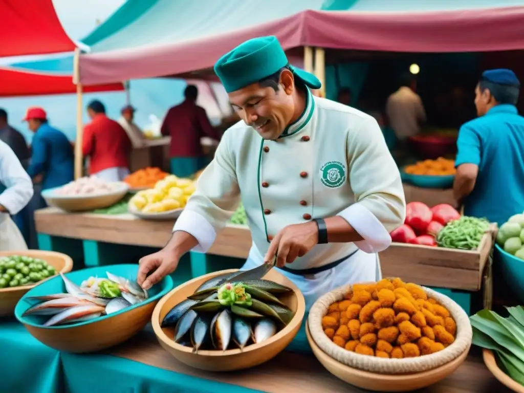 Mercado de pescado peruano: pescadores, chefs y ceviche ancestral en un bullicioso escenario de colores y sabores