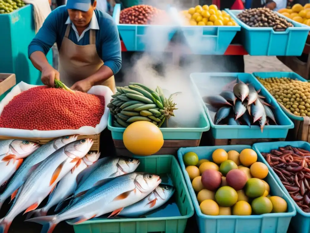 Un mercado de pescado peruano tradicional rebosante de vida y color, bajo el sol de Perú