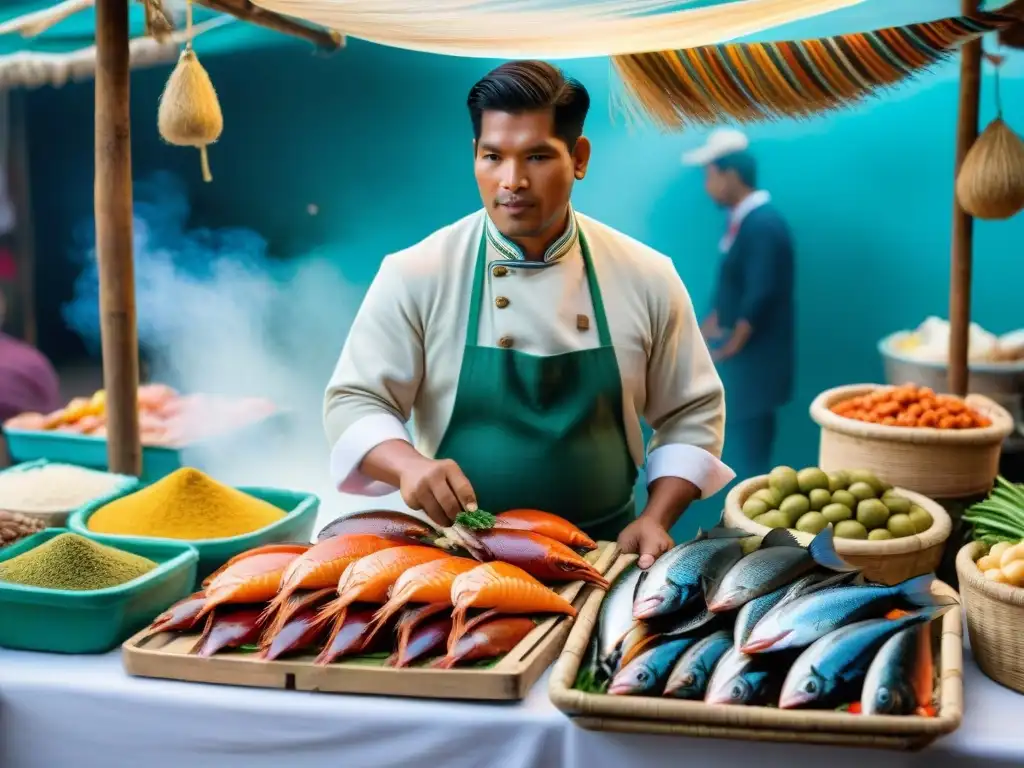 Un mercado de pescado peruano tradicional rebosante de vida y colores vibrantes, reflejando la autenticidad del ceviche peruano contemporáneo