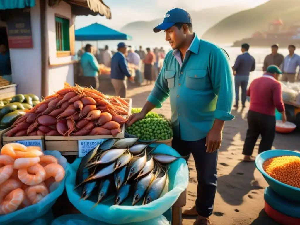 Un mercado de pescado peruano vibrante al amanecer con una variedad de mariscos frescos