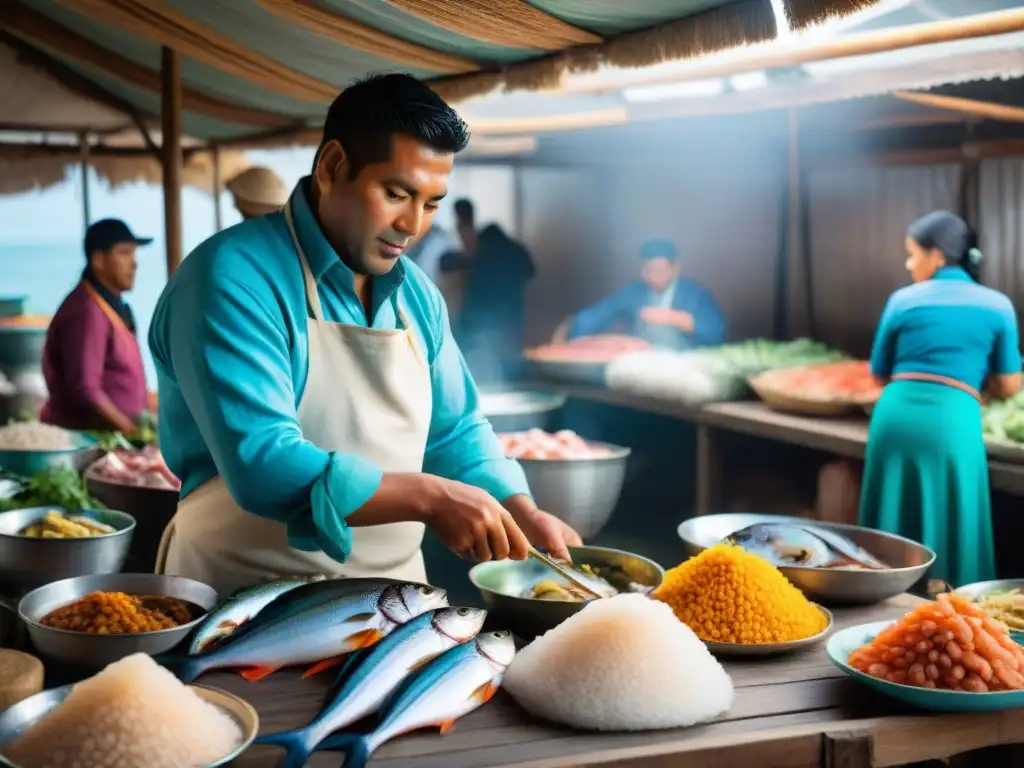 Un mercado de pescado peruano vibrante, con pescados frescos y pescadores locales