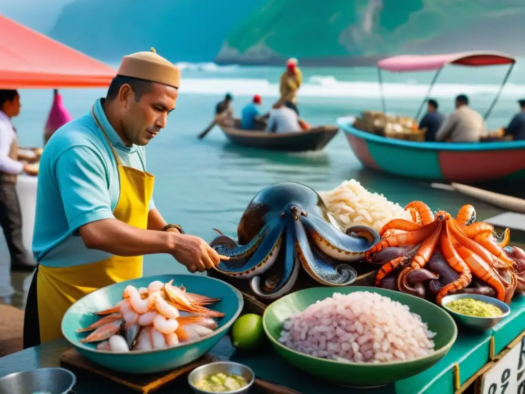 Mercado de pescado en Lima, Perú, donde pescadores locales negocian precios y un chef prepara ceviche, mostrando la historia del ceviche peruano