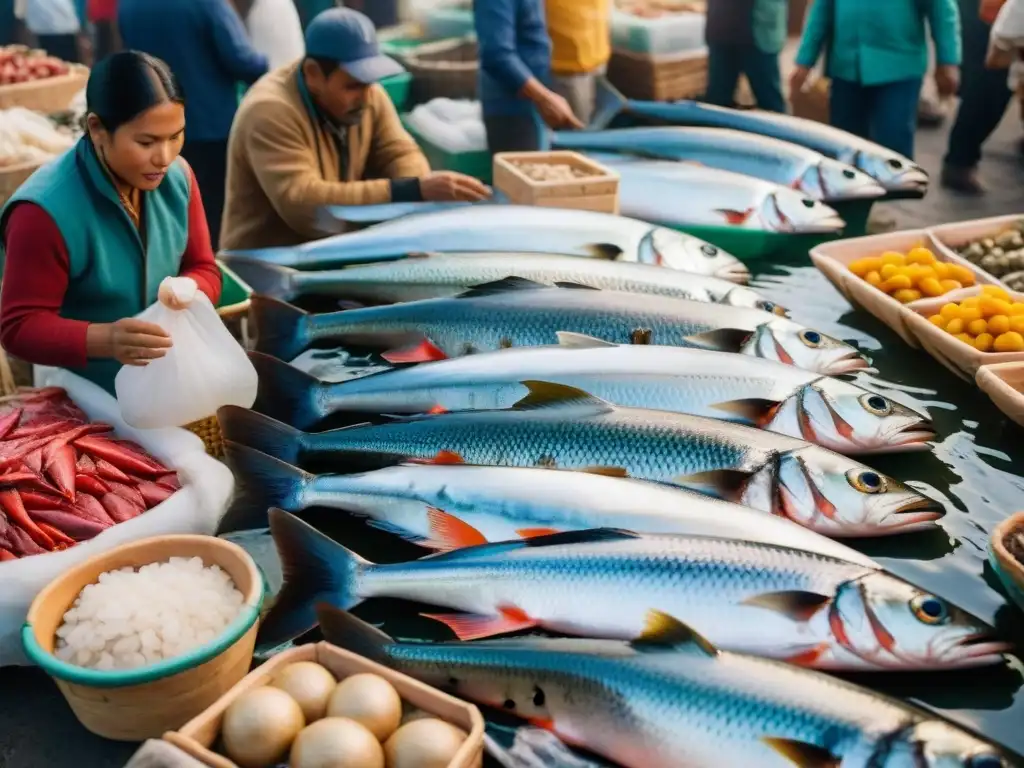 Mercado de pescado peruano: escena vibrante y detallada Mercado de pescado tradicional en Perú con una variedad de pescados frescos en hielo