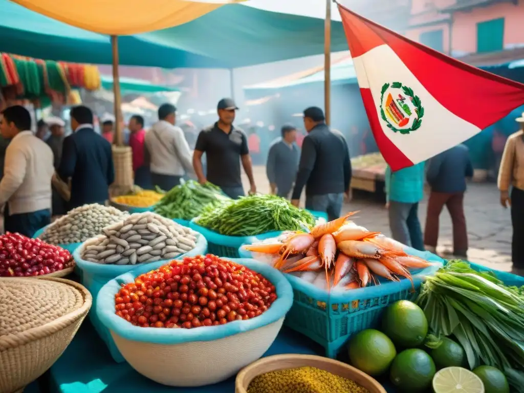 Un mercado de pescado vibrante en Perú muestra pescado, camarones y pulpo frescos sobre hielo, rodeados de ingredientes frescos