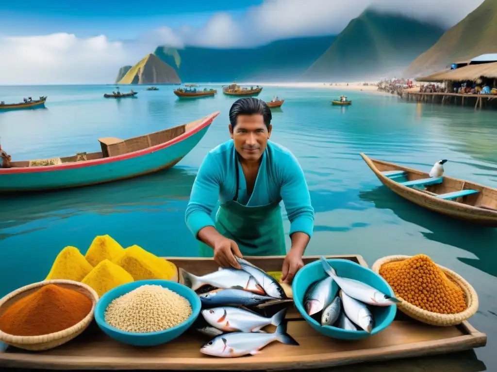 Un mercado pesquero bullicioso en la costa peruana con pescadores descargando capturas frescas y coloridas, bajo un cielo azul claro