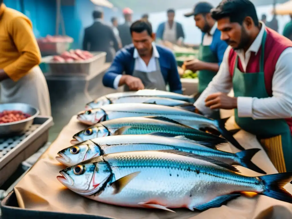 Un mercado pesquero bullicioso en Perú con pescado sostenible y clientes entusiastas, reflejando la pesca sostenible en cocina peruana