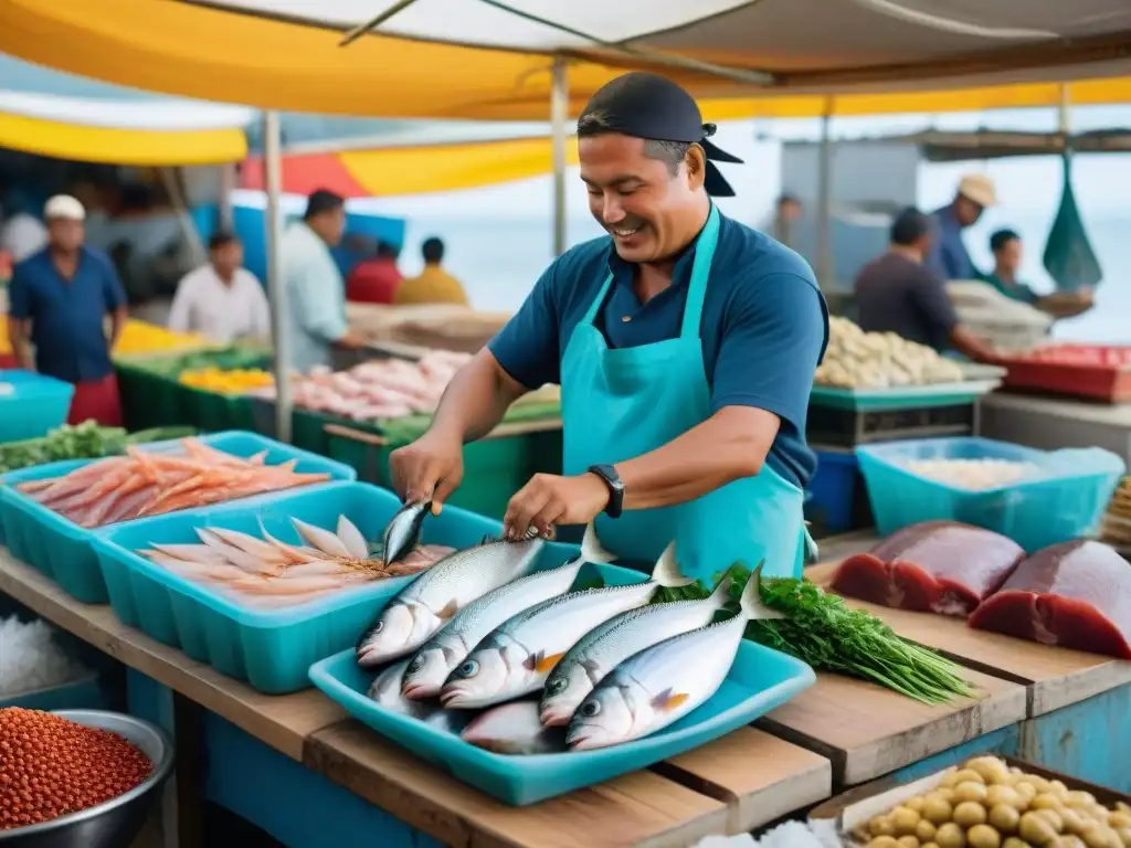 Un mercado pesquero local rebosante de vida y color, donde se destaca la importancia de los ingredientes autóctonos para un ceviche sostenible