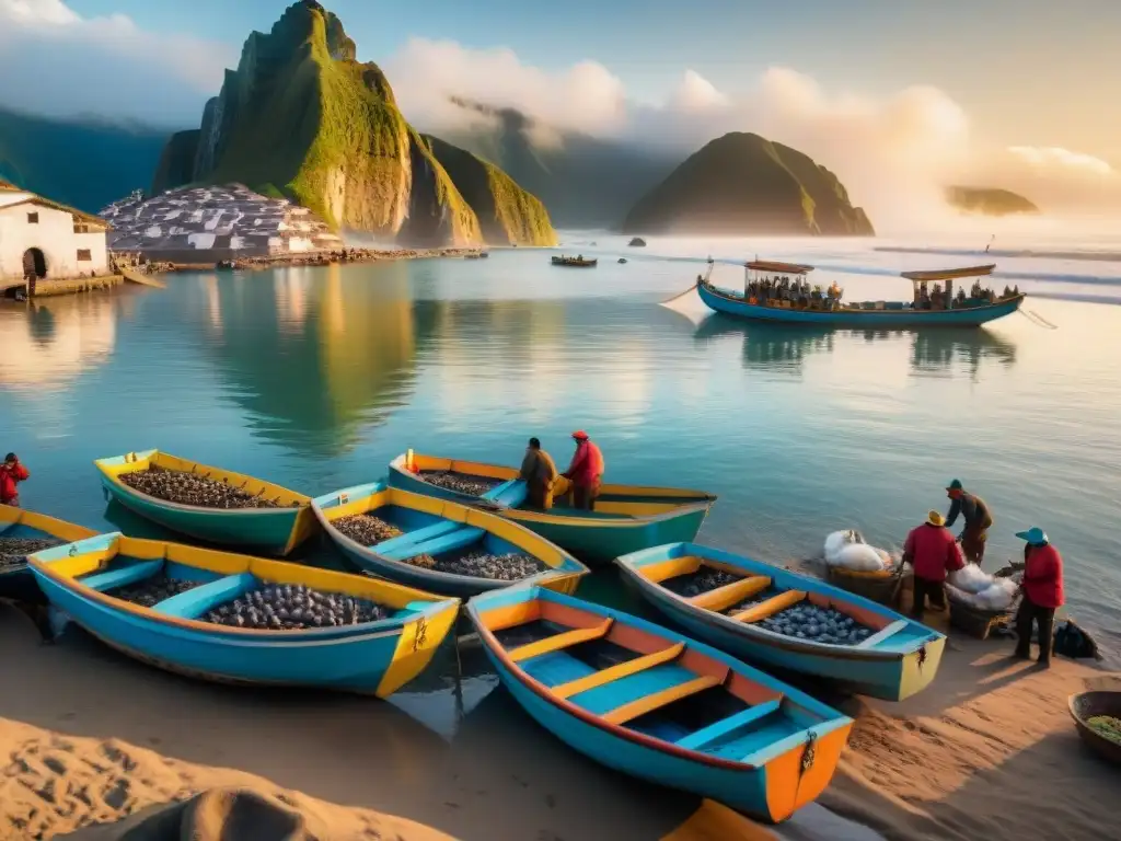 Un mercado pesquero peruano bullicioso al amanecer, con pescadores locales, barcos coloridos y una variedad de mariscos frescos