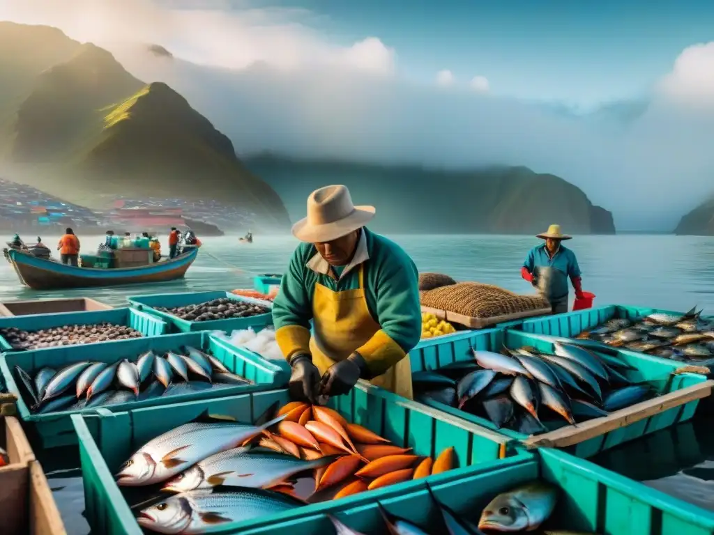 Un mercado pesquero peruano bullicioso al amanecer, con pescadores descargando cajas de mariscos frescos