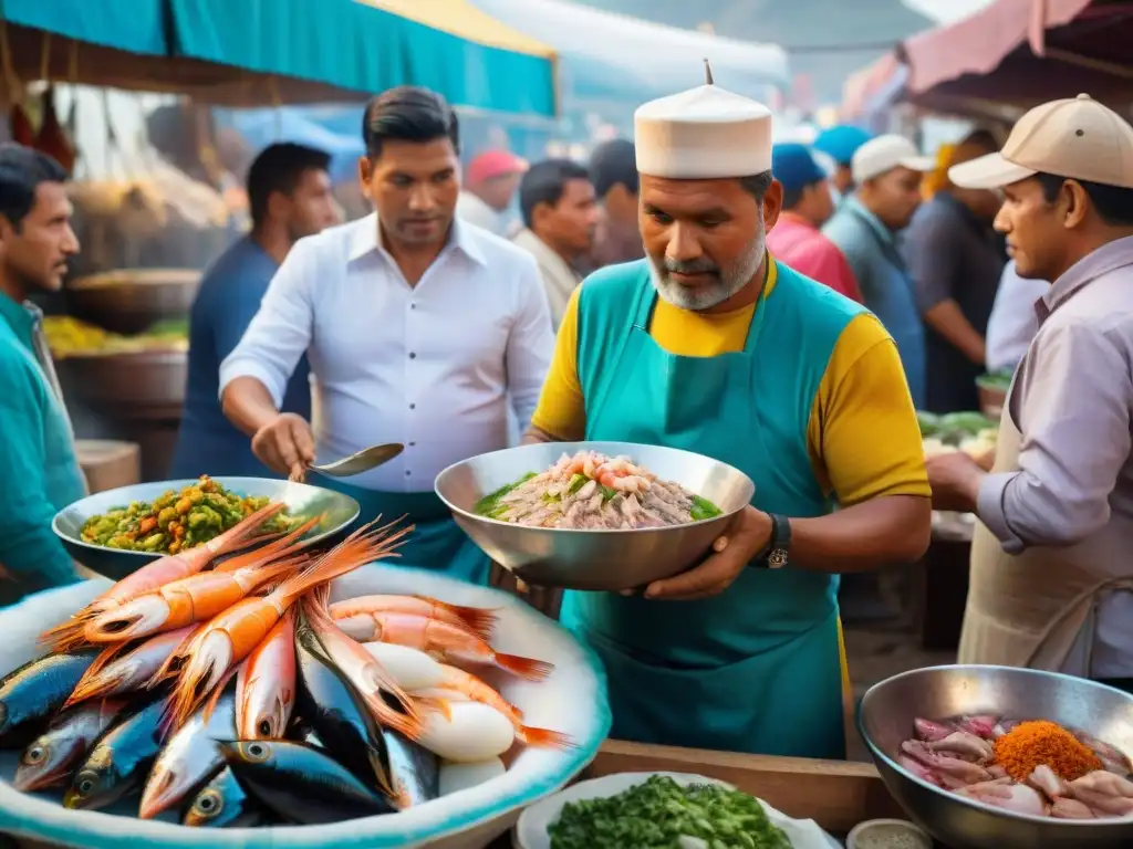 Un mercado pesquero peruano con historia del ceviche ancestral en vibrante detalle