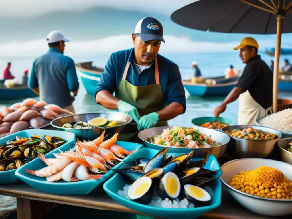 Un mercado pesquero peruano a lo largo de la costa, con una variedad de mariscos frescos y coloridos