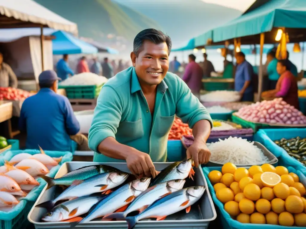 Mercado pesquero peruano al amanecer con pescadores descargando mariscos frescos, resaltando origen e ingredientes del ceviche