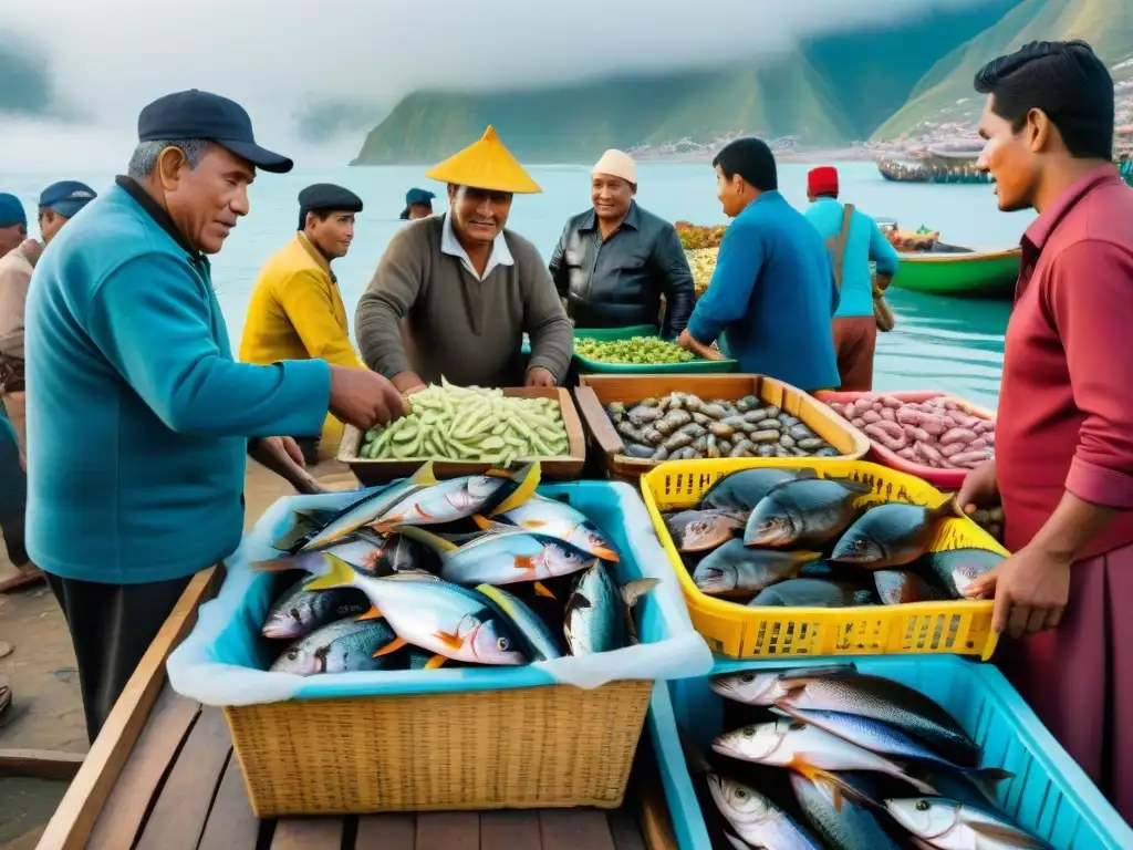 Mercado pesquero peruano al amanecer: pescadores descargan capturas frescas en botes, chefs locales eligen ingredientes autóctonos