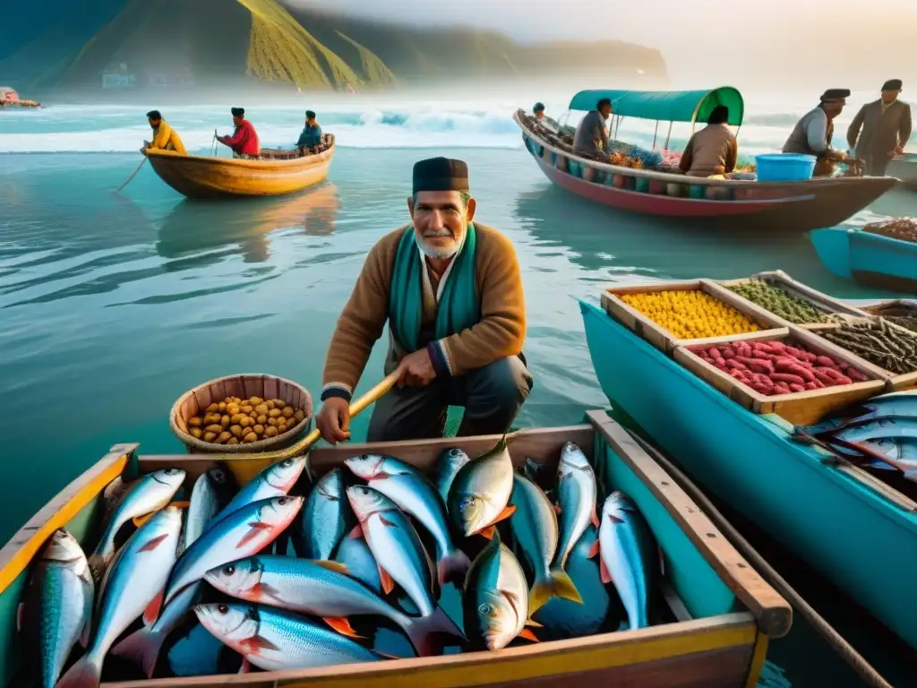 Vivid mercado pesquero peruano al amanecer: pescadores descargan capturas en botes de madera, rodeados de compradores y pescado fresco