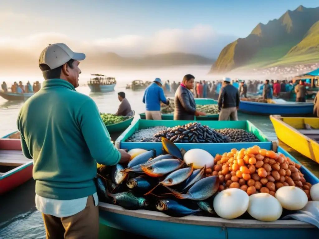 Un mercado pesquero vibrante y bullicioso en la costa del Perú, destaca la Importancia del pescado peruano con su variedad de mariscos frescos