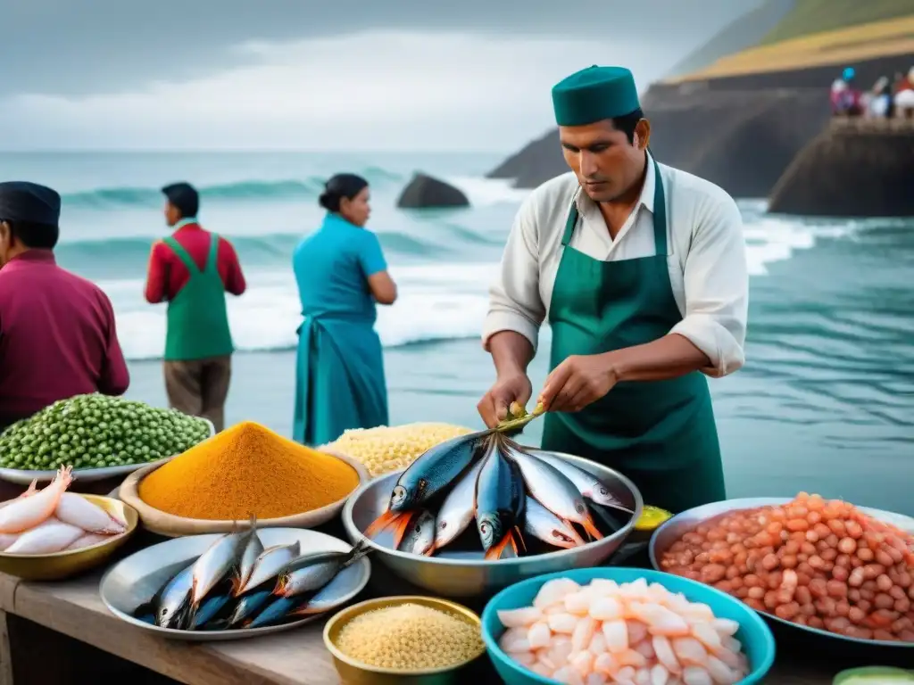 Un mercado pesquero vibrante en la costa de Perú, con puestos coloridos rebosantes de mariscos frescos como ceviche, pulpo y camarones