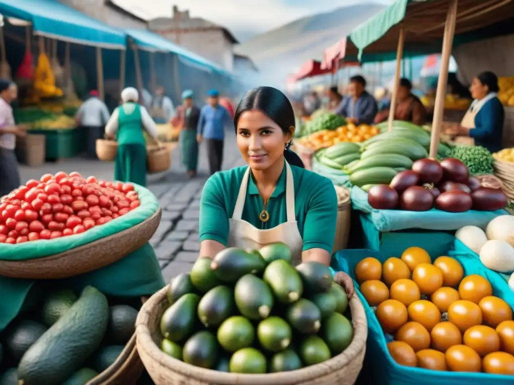 Puesto de mercado en Arequipa, Perú con Receta ensalada solterito arequipeño: tomates, aguacates, lechugas frescas y queso local