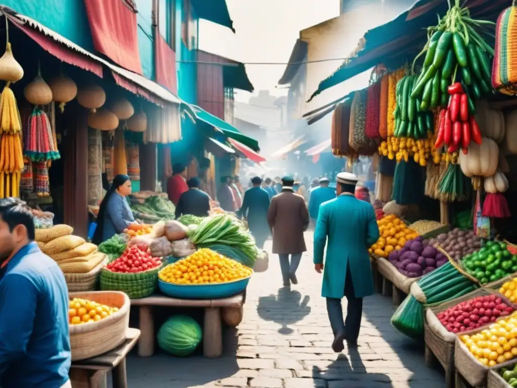 Mercado en Lima: textiles coloridos, locales con trajes tradicionales y productos frescos