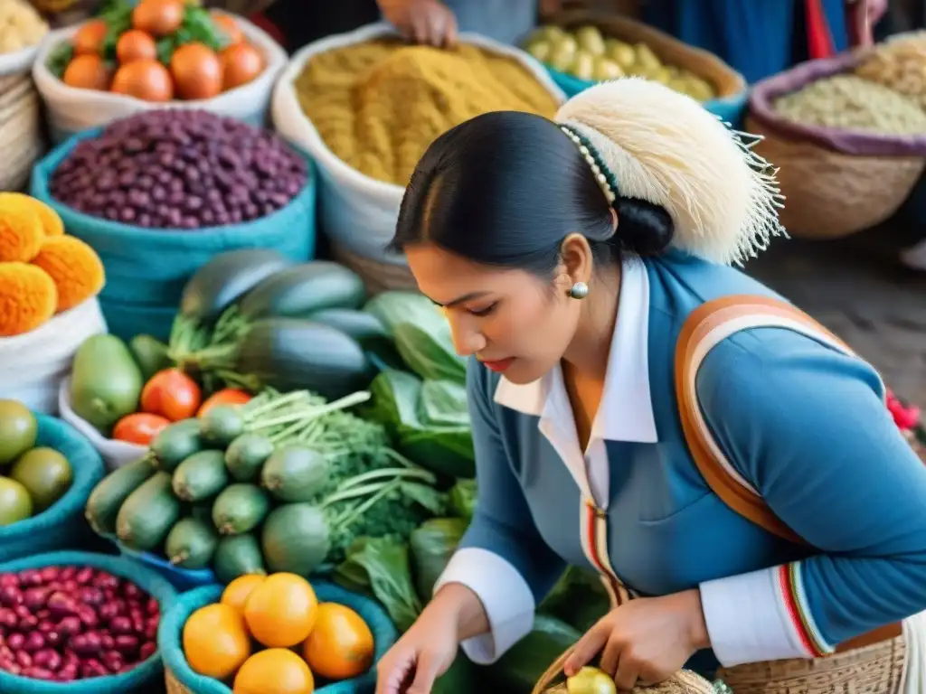 Un mercado tradicional bullicioso en Perú, lleno de coloridos puestos rebosantes de frutas, verduras y artesanías locales