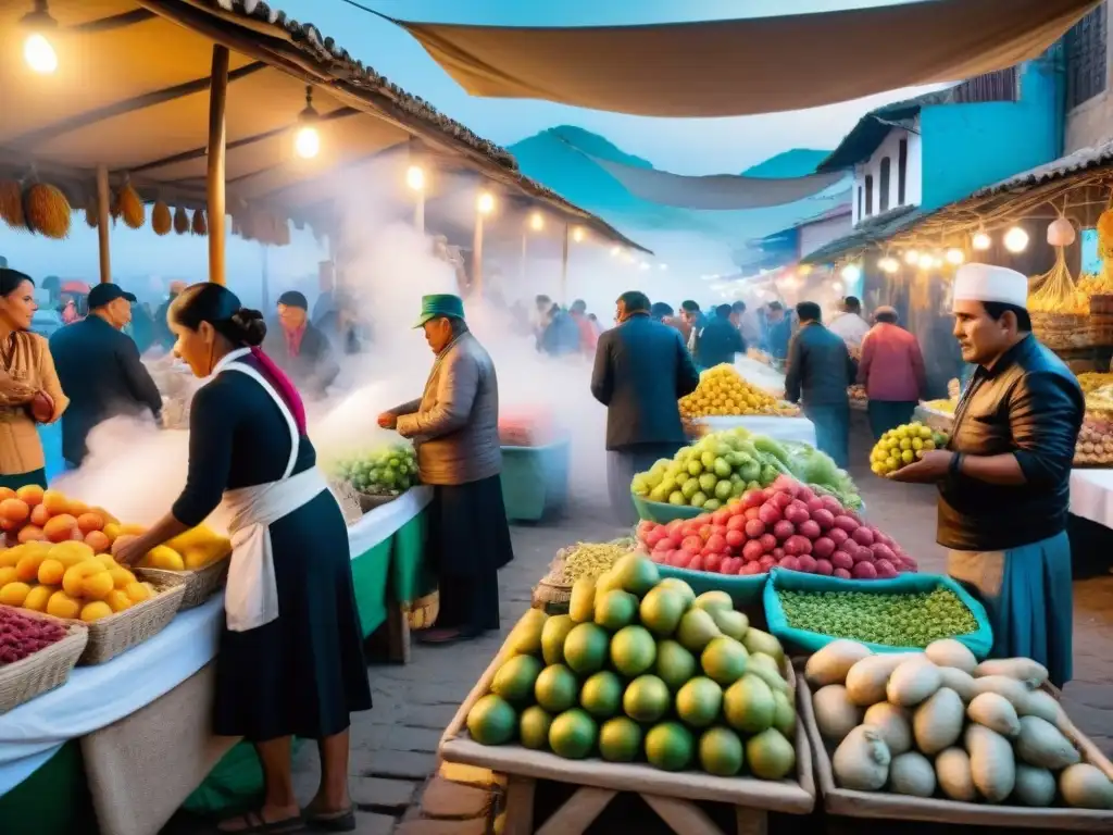 Un mercado tradicional bullicioso en Trujillo, Perú, con vibrantes frutas frescas, textiles coloridos y platos peruanos