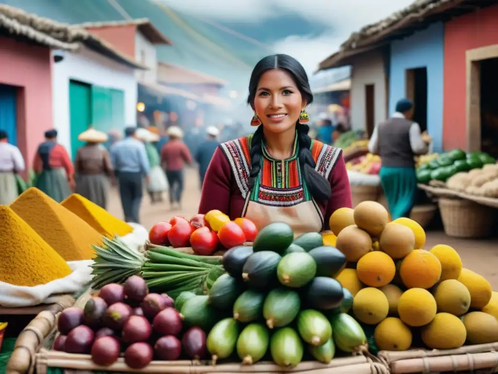 Un mercado tradicional en Perú rebosante de colores vibrantes, productos locales y vendedores en trajes típicos