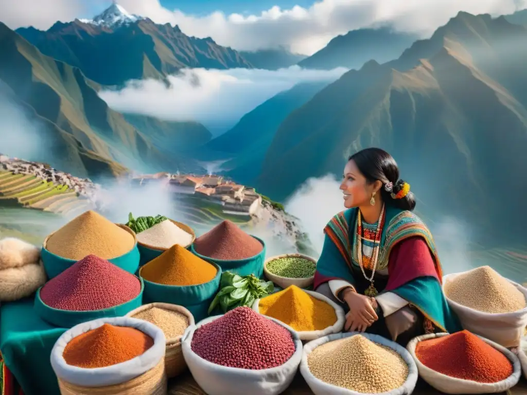 Mercado tradicional peruano con mujeres andinas en diálogo, colorida quinua y vista de los Andes