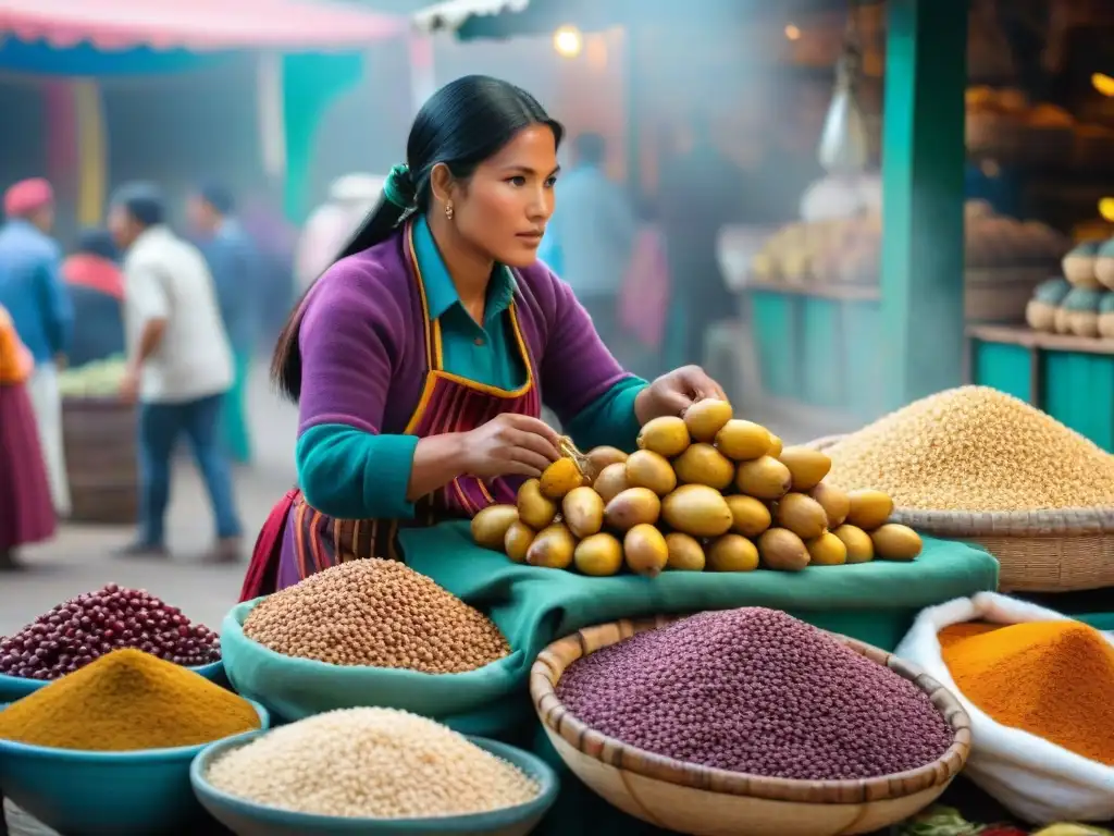 Un mercado tradicional peruano rebosante de colores y productos autóctonos de la gastronomía peruana