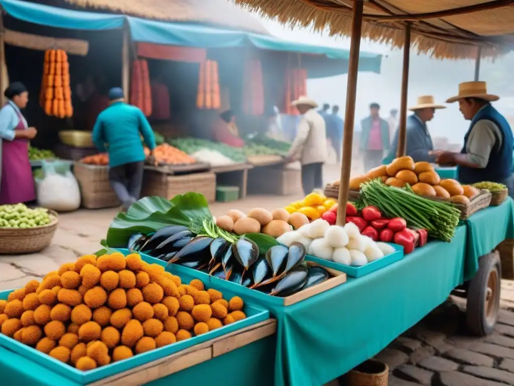 Mercado tradicional peruano rebosante de productos autóctonos y coloridas escenas gastronómicas