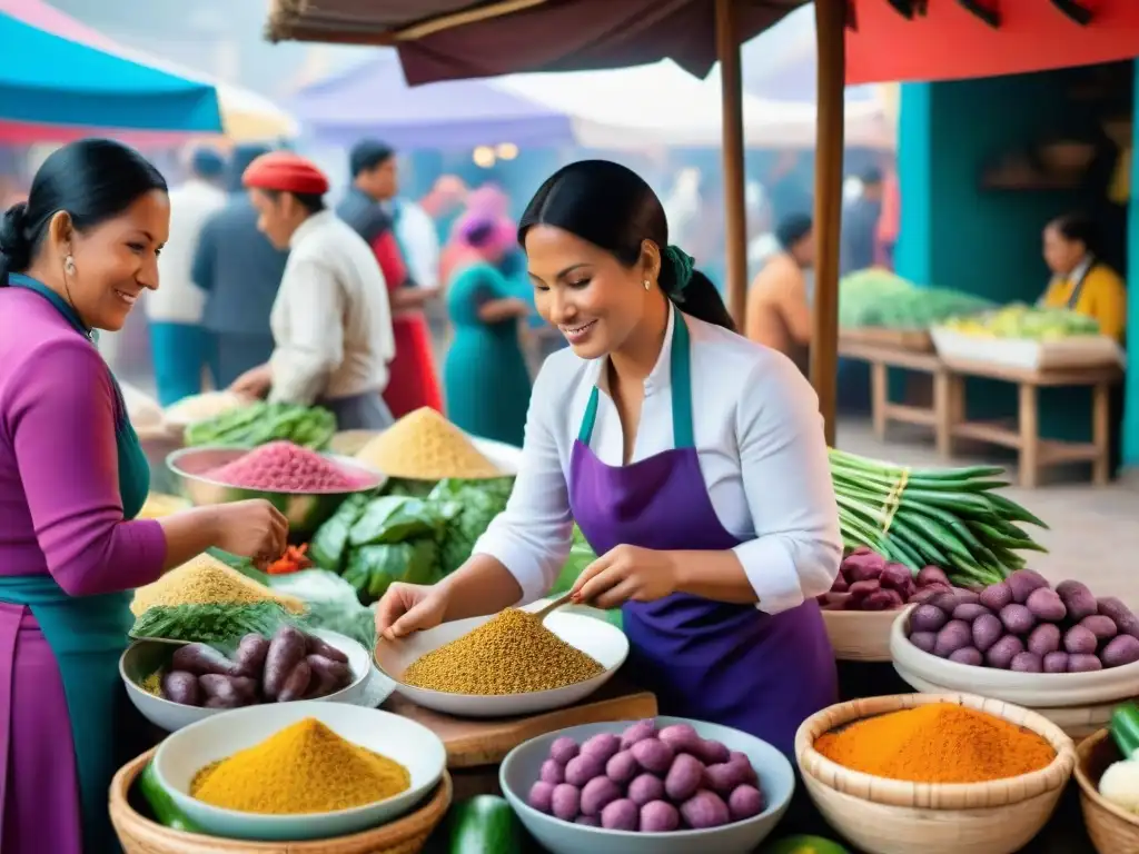 Un mercado tradicional peruano rebosante de vida, con coloridos puestos de gastronomía peruana platos tradicionales