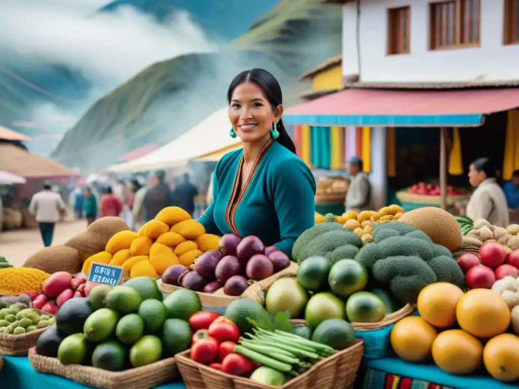 Un mercado tradicional peruano rebosante de vida y color, con ingredientes autóctonos que cuentan la historia platos peruanos