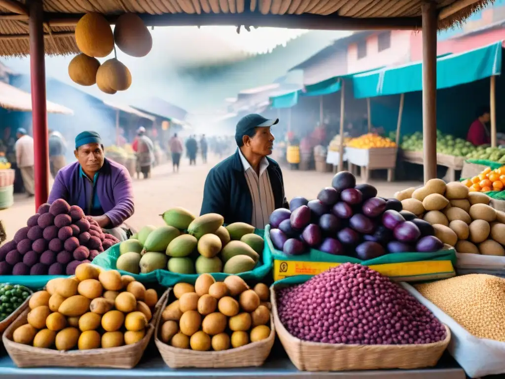 Un mercado tradicional peruano rebosante de colores y sabores autóctonos, donde los vendedores indígenas interactúan con los clientes