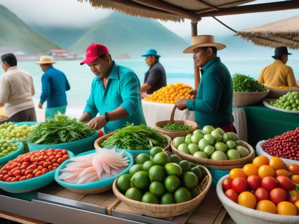 Un mercado tradicional peruano rebosante de ingredientes frescos para clases de ceviche tradicional peruano