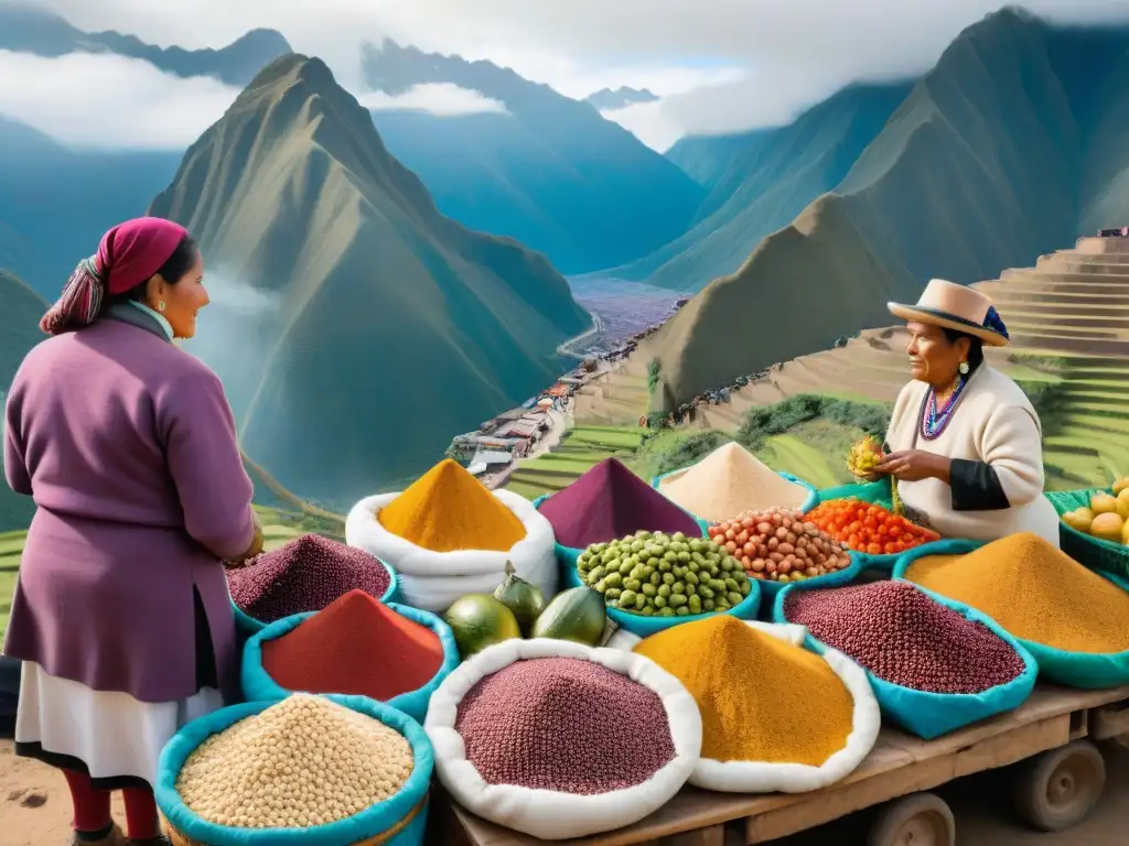 Un mercado tradicional peruano rebosante de colores vibrantes y sabores autóctonos