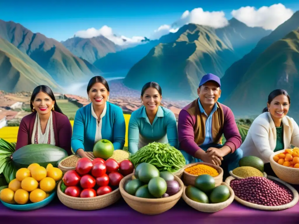 Mercado tradicional peruano rebosante de vida y colores, resaltando la dieta peruana para mejorar salud