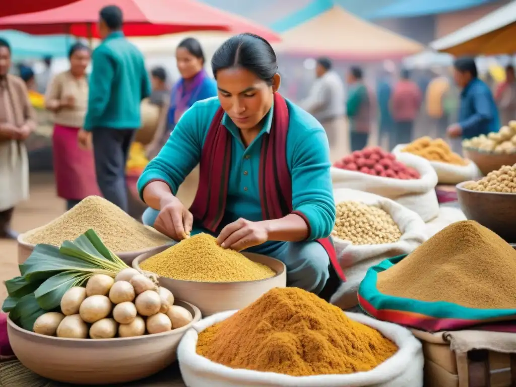 Un mercado tradicional peruano rebosante de raíces de maca andina frescas, mostrando los beneficios de la maca andina