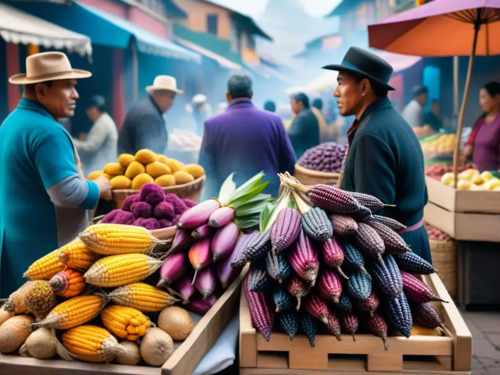 Un mercado tradicional peruano rebosante de vida y color, donde se encuentran ingredientes para la receta chicha morada tradicional