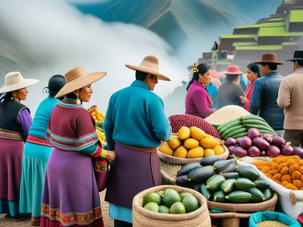 Un mercado tradicional peruano rebosante de colores vibrantes y ingredientes autóctonos, destacando la rica gastronomía peruana