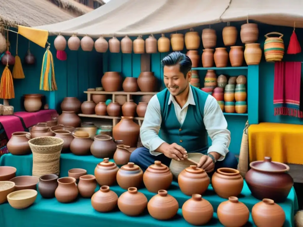 Mercado peruano: degustación de chicha y aloja en ambiente tradicional Mercado tradicional peruano rebosante de vida con bebidas fermentadas en vasijas de barro y cestas tejidas